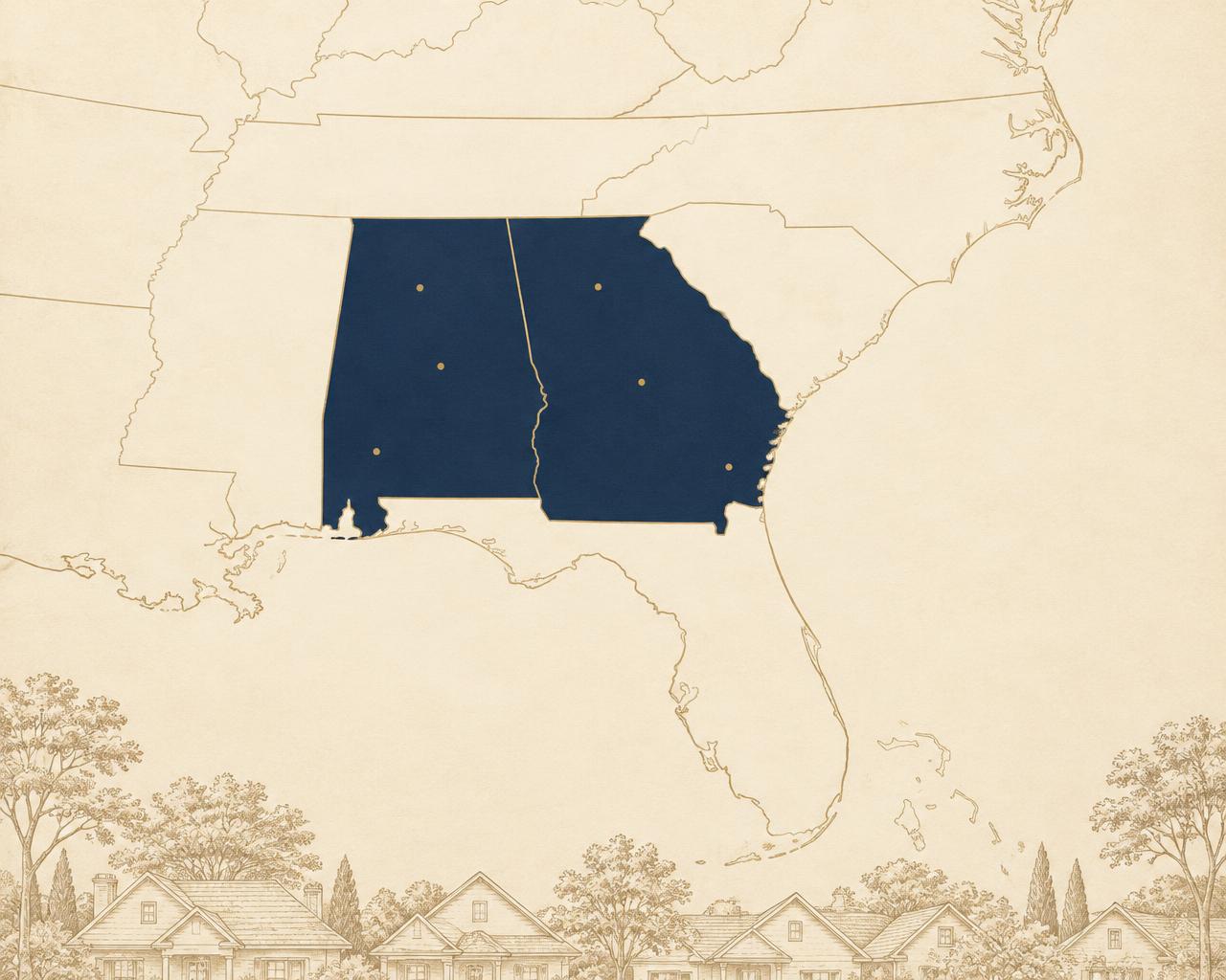 Illustrated map of the Southeast with Alabama and Georgia highlighted above a row of residential rooftops