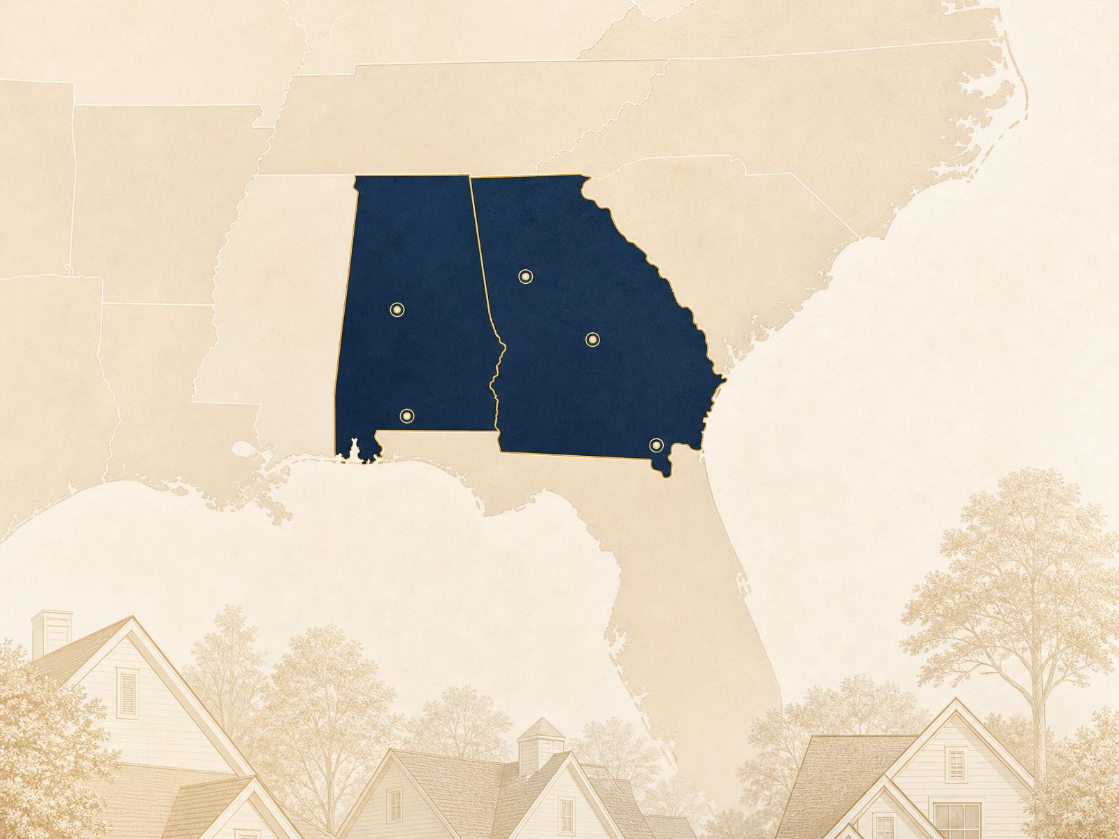 Minimal illustrated map of the Southeast with Alabama and Georgia highlighted above a row of residential rooftops